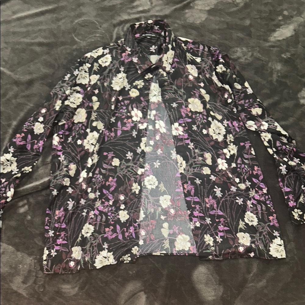 INC International Concepts Floral Button Down Shirt - Black and Purple